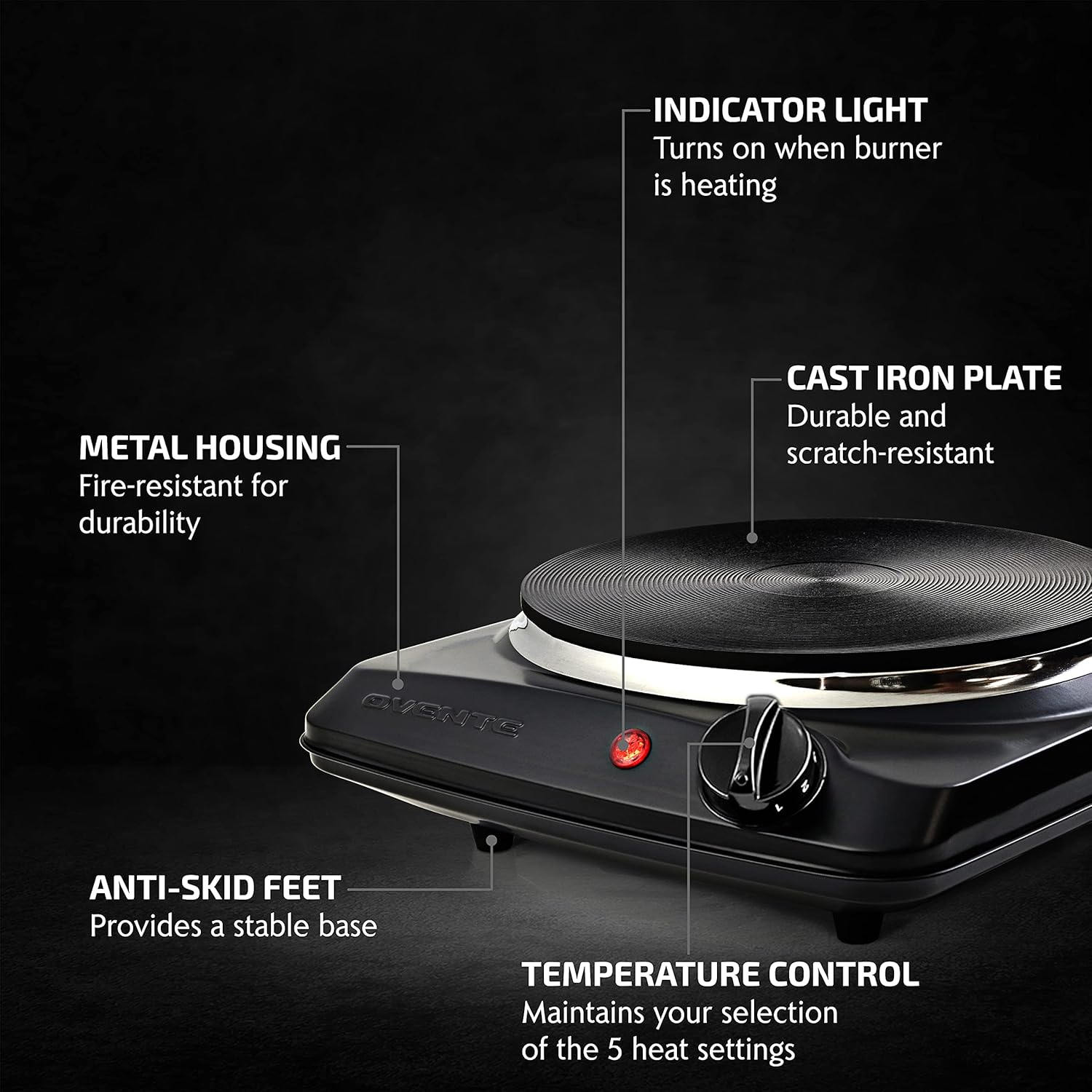 OVENTE Electric Countertop Single Burner, 1000W Cooktop with 7.25 Inch Cast Iron Hot Plate, 5 Level Temperature Control, Compact Cooking Stove and Easy to Clean Stainless Steel Base, Black BGS101B